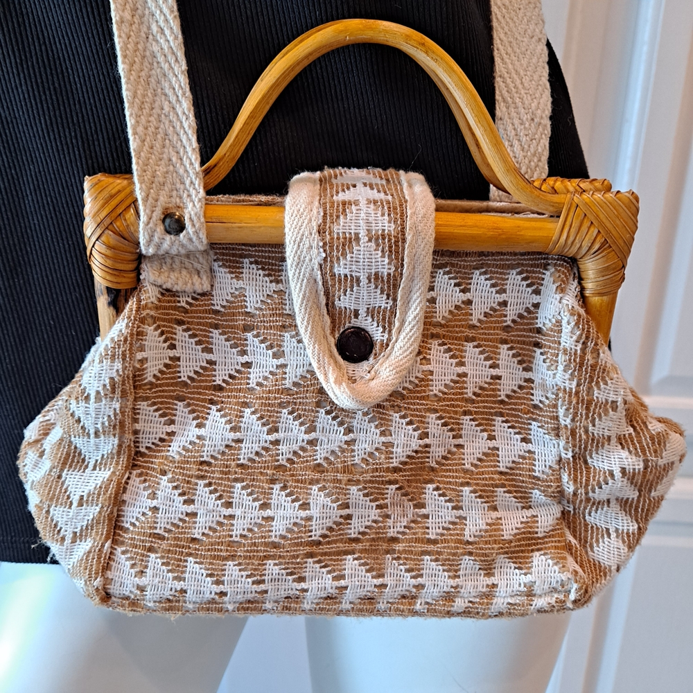 Artisan Tan Cream Woven Cotton Shoulder Crossbody Bag W/Bamboo Handles & Frame